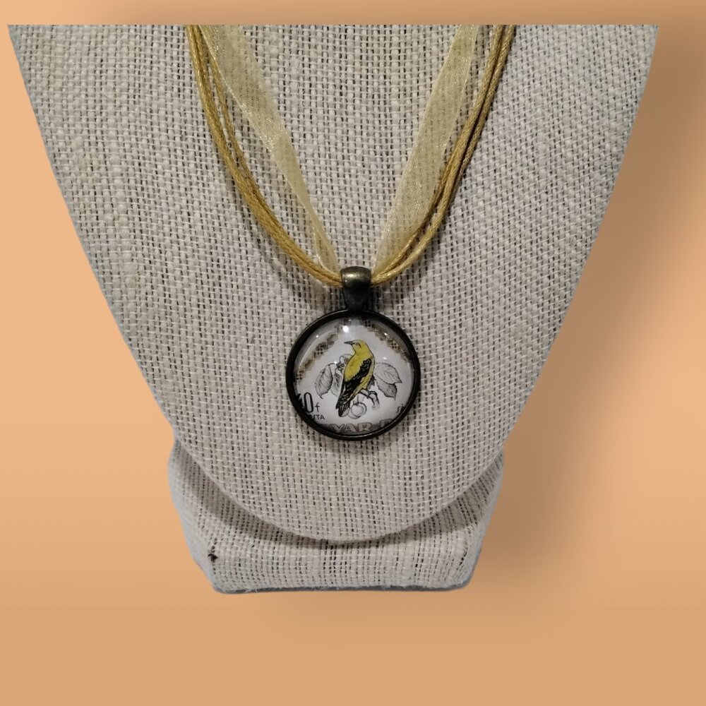 Yellow Bird Pendant Necklace With Gold Ribbon & Cord